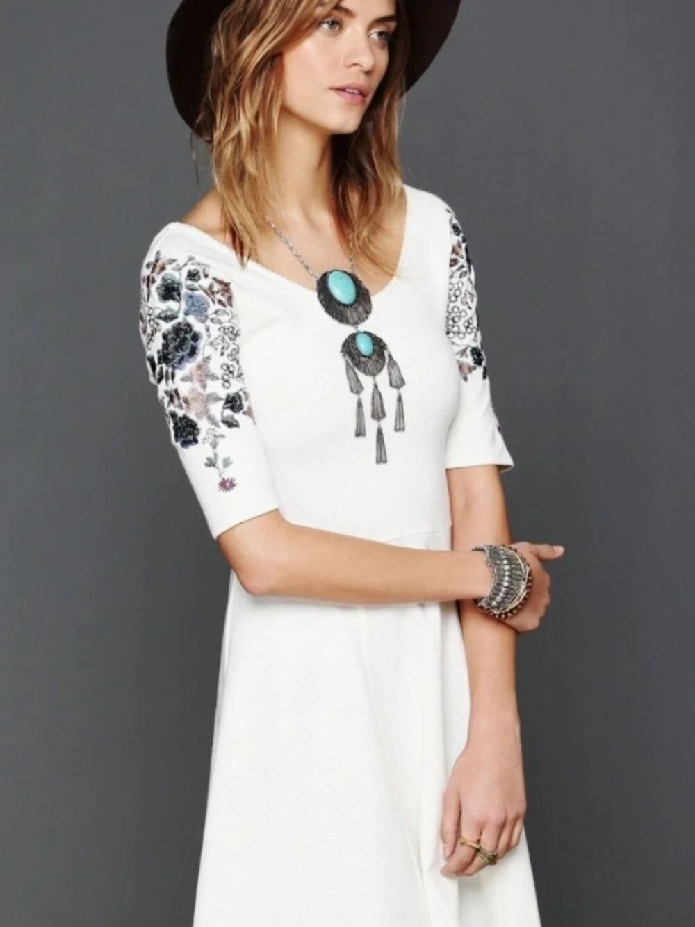 Free People Garden Sleeve Scoop Neck Dress Size L Ivory Embroidered Floral Boho